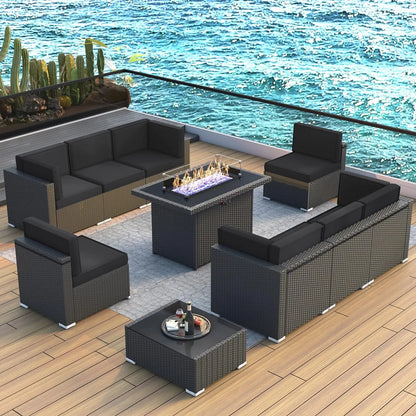 8 Piece Patio Furniture Set with 44" Propane Gas Fire Pit Table, Set Wicker Rattan Sofa Set and Coffee Table Rattan Möbel