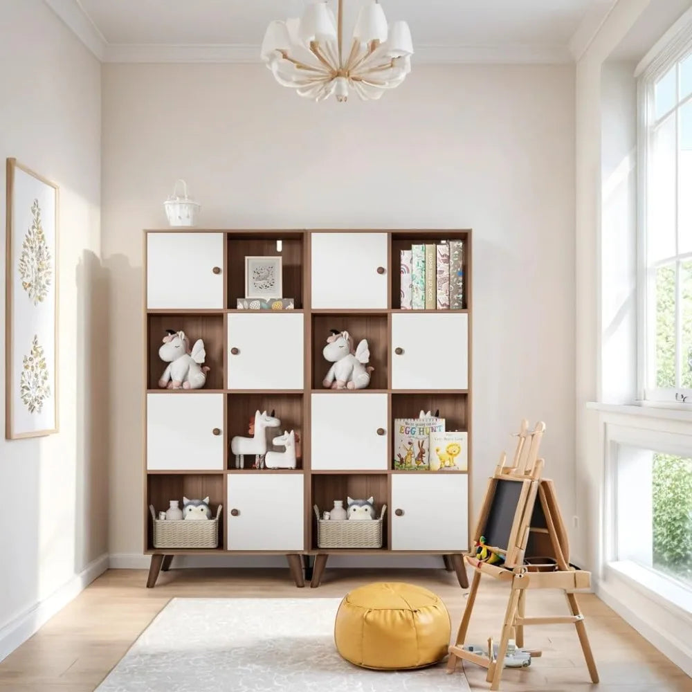 Brown and White 8 Cube Organizer Set of 2, Wooden 16 Cubby Display Bookcase, 4-Tier bookshelf with Doors, Storage Cabinet