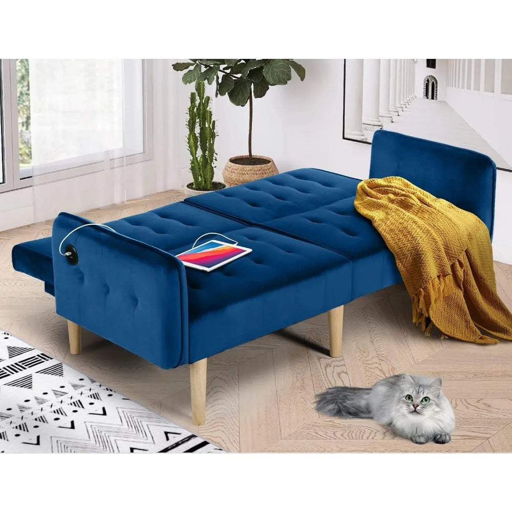 65“ Convertible Futon Sofa Bed w/ 2 USB, Upholstered Tufted Small Adjustable Folding Couch Loveseat, Mid Century Sleeper Sofa