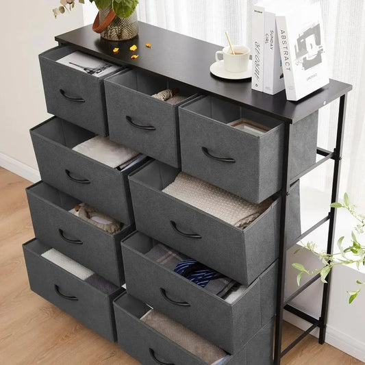 Dresser for Bedroom, Storage Drawers, Fabric Storage Tower with 9 Drawers, Chest of Drawers with Fabric Bins, Sturdy Metal Frame