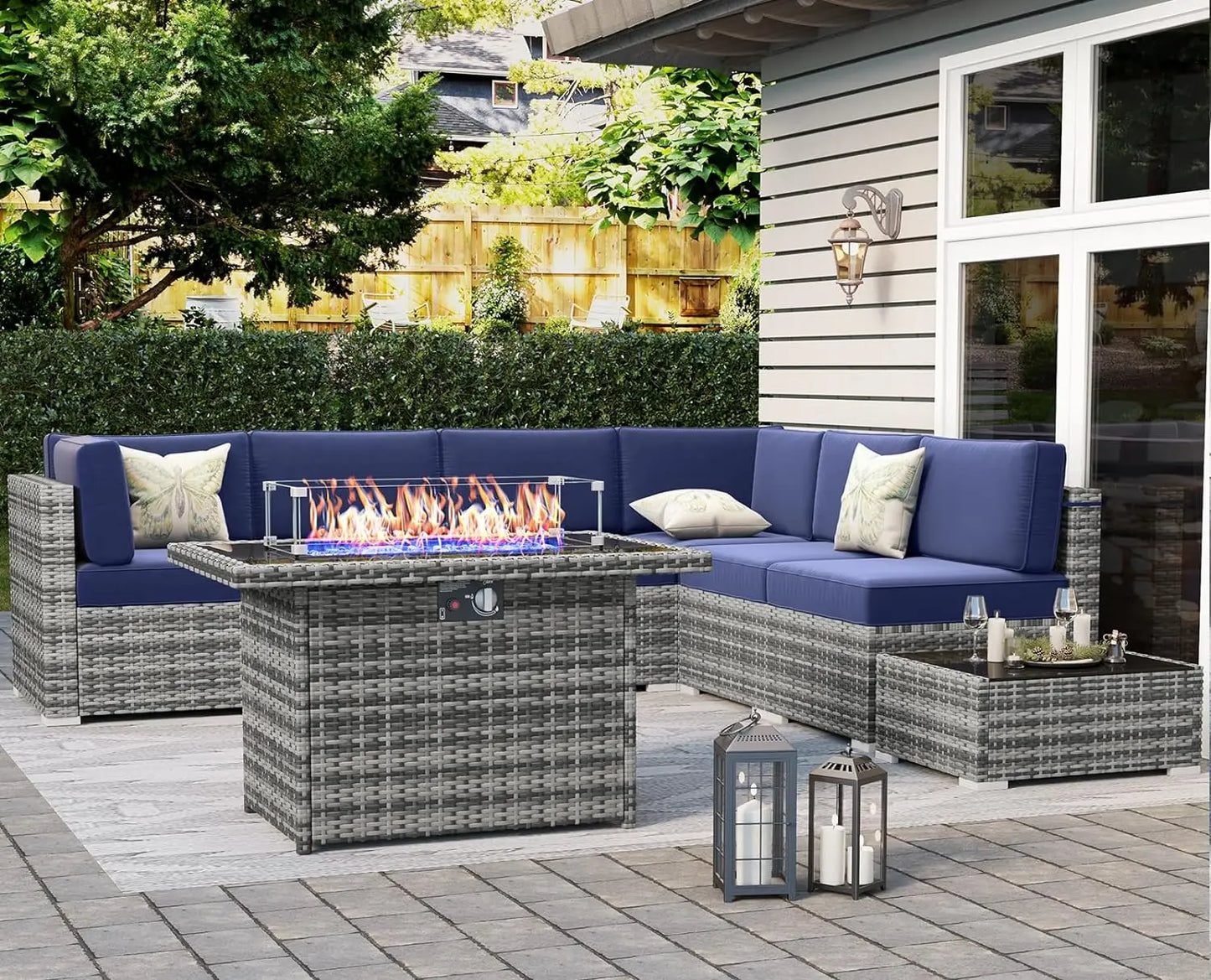 8 Piece Patio Furniture Set with 44" Propane Gas Fire Pit Table, Set Wicker Rattan Sofa Set and Coffee Table Rattan Möbel