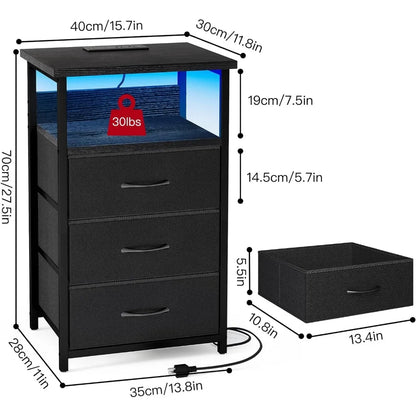 Table de nuit avec station de charge, table de nuit LED avec ports et prises USB, 3 tiroirs de rangement en tissu avec finition PU