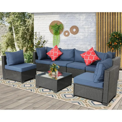 Ensemble de meubles d'extérieur sectionnels en rotin PE, ensemble de conversation pour patio avec coussins pour balcon, pelouse et jardin