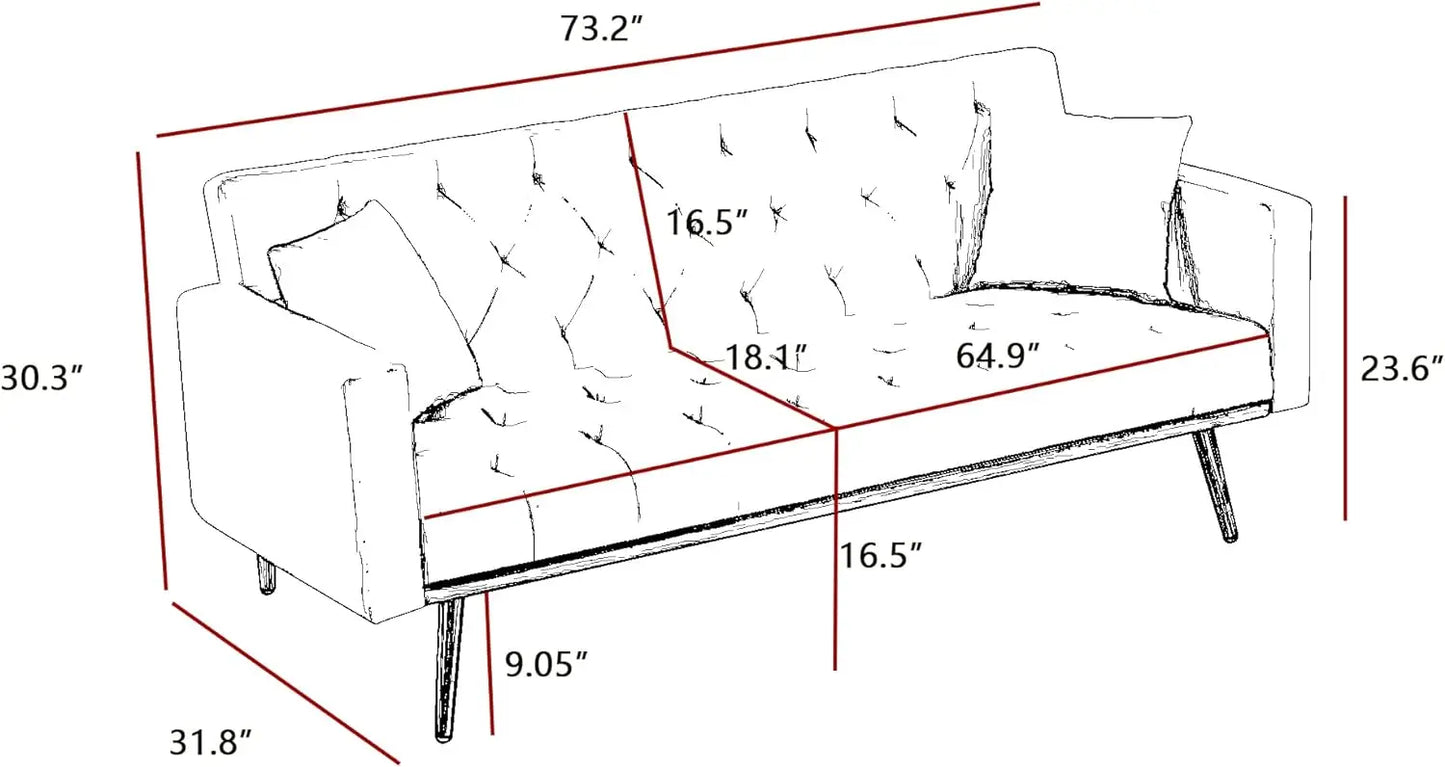 Canapé-lit futon convertible en velours, canapé-lit avec deux oreillers et pieds en métal doré pour le salon