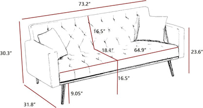 Canapé-lit futon convertible en velours, canapé-lit avec deux oreillers et pieds en métal doré pour le salon