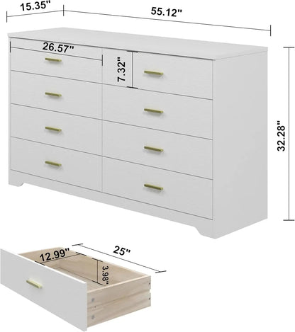 8 Drawer Wood Lateral Dresser, Big Wide Chest of Drawers Storage Organizer with Metal Gold Handles Home Bedroom (Black)