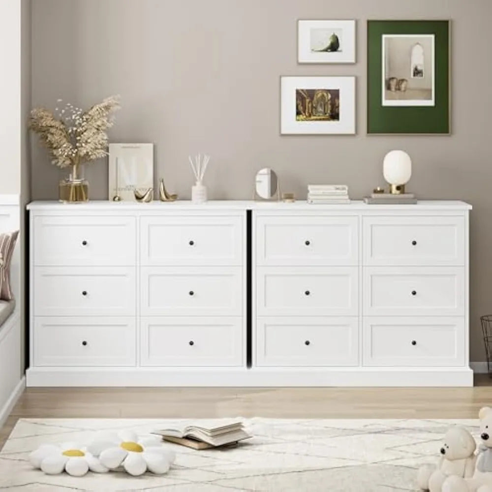 White Dresser, 6 Drawer Dresser White, Modern Double Chest with Deep Drawers, Wide Storage Organizer Cabinet