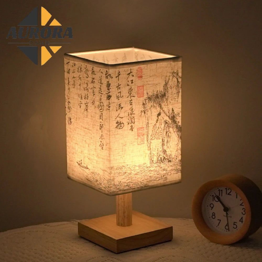 Retro Wood Desk Lamp Chinese Style Night Light Table Calligraphy Traditional Painting Decoration Bedroom Bedside Office Study