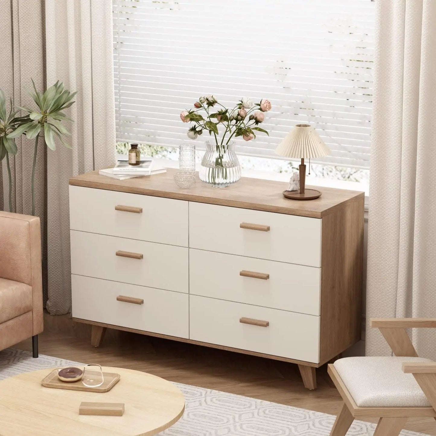 6 Drawer White Wide Dresser, Wood Storage Organizer , Modern Drawer Chest for Nursery, Living Room, Hallway, Kids Bedroom