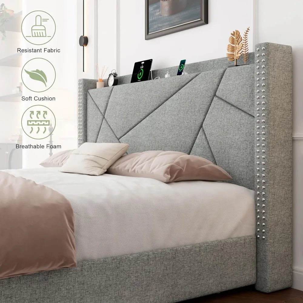 Queen Bed Frame with 4 Storage Drawers, Upholstered Platform Bed Frame, No Box Spring Needed, King Bed