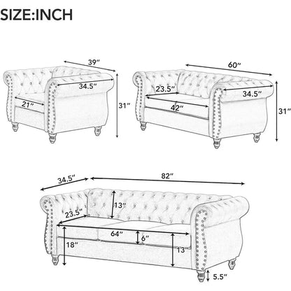 Meubles de salon, ensemble moderne 3 pièces comprenant trois places, une causeuse et une chaise simple, ensemble de canapés rembourrés en velours hollandais.