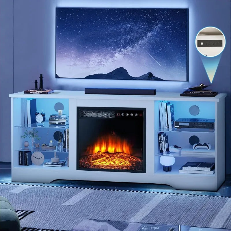 Meuble TV avec cheminée de 58 pouces pour téléviseurs jusqu'à 65 pouces Console avec cheminée électrique de 18 pouces et télécommande, divertissement moderne en bois