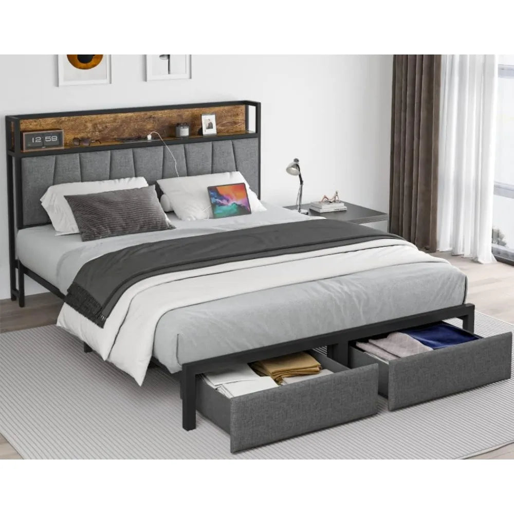 Queen Size Bed Frame with Headboard and Storage, Drawers Platform Bed Frame with Storage Chargin Station LED Light Bed Frame