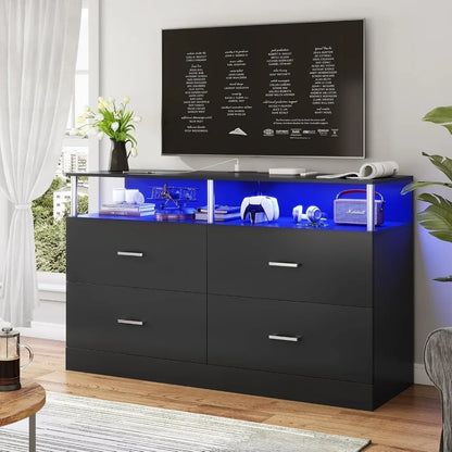 Commode blanche pour chambre à coucher avec 6 tiroirs, commodes et coffres à tiroirs avec design en colonne et station de charge, commode large à LED