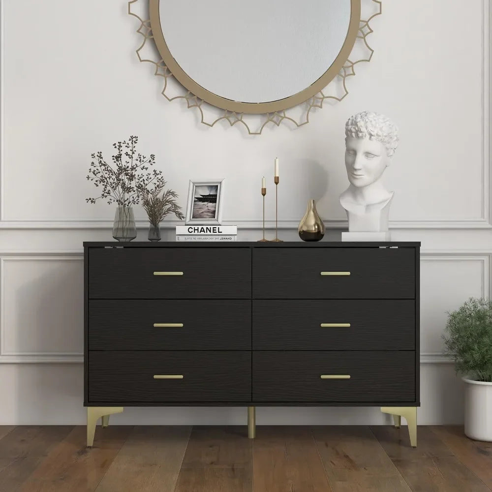 Dresser, Modern 6-drawer Wooden Side Chest of Drawers, Wide Drawers and Storage with Metal Gold Handles,Dressers