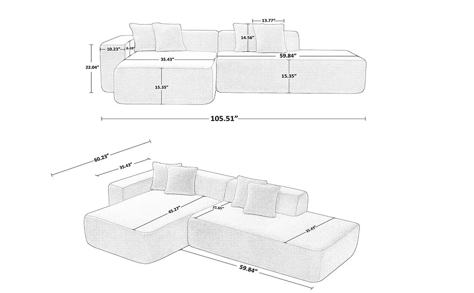 105'' Modular Sectional Couch,Modern L-Shape Sectional Sofa with Chaise Lounge,4 Seater Couch for Living Room,Bedroom,Apartment