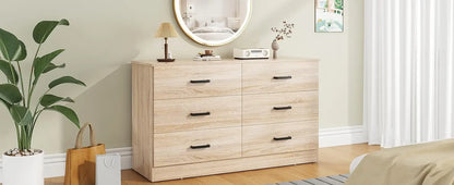 Wood Dresser for Bedroom, 6 Drawer Double Dresser with Metal Handles, 15.8" D x 47.2" W x 27.7" H, Light Oak