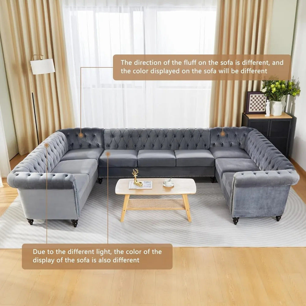 L-Shaped Sofa, Sectional Chesterfield Couch 5-Seater Velvet Upholstered Tufted Sofa with Rolled Armrest for Living Room