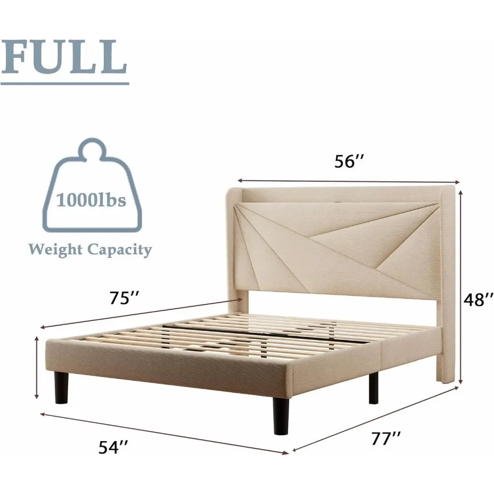 King-size bed frame with C-shaped and USB ports, padded platform bed frame with wingback storage headboard