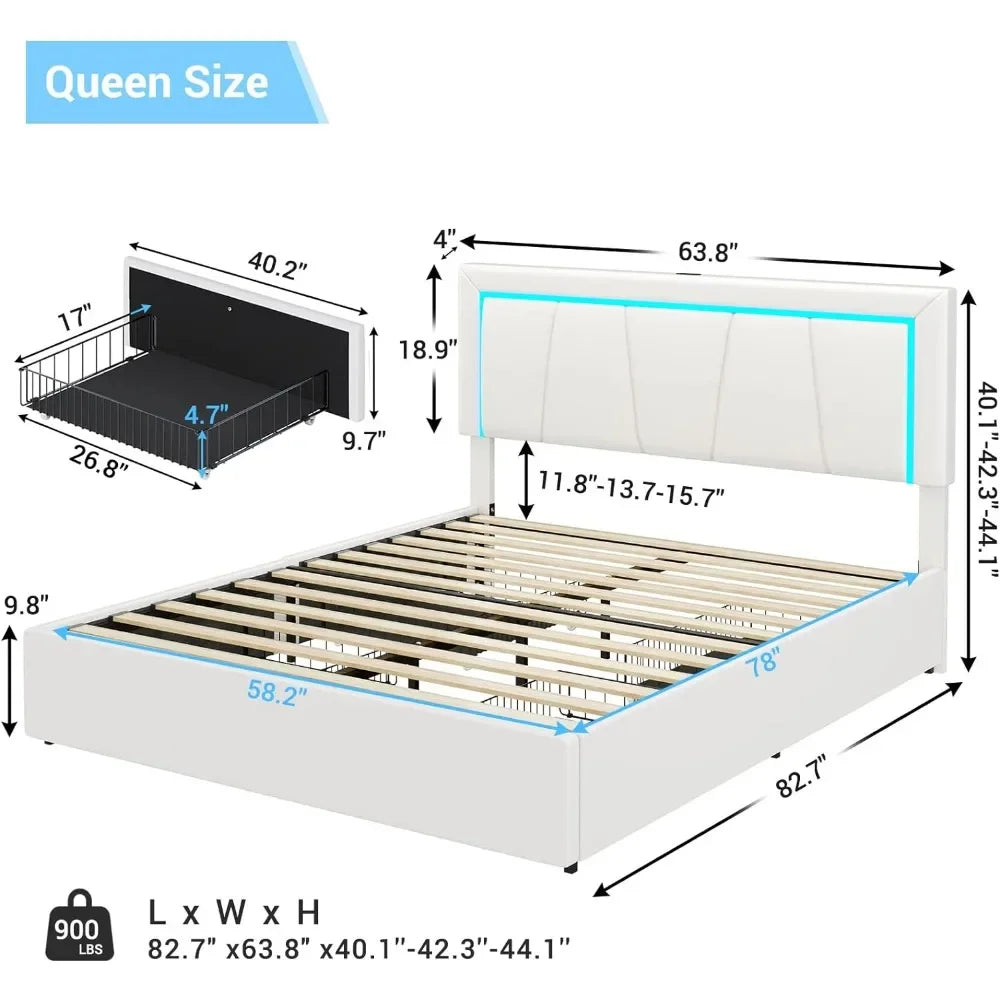 Cadre de lit à LED Queen Size, avec tiroir de rangement et port USB, tête de lit moderne rembourrée en similicuir