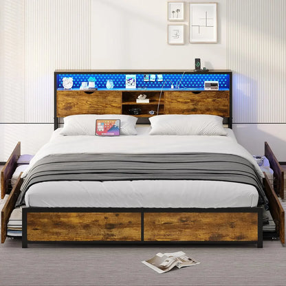 Bed Frame w/ Storage Headboard & Drawers, Metal Platform Bed w/ Charging Station, LED Bed Frame, Heavy Duty Steel Slats Support