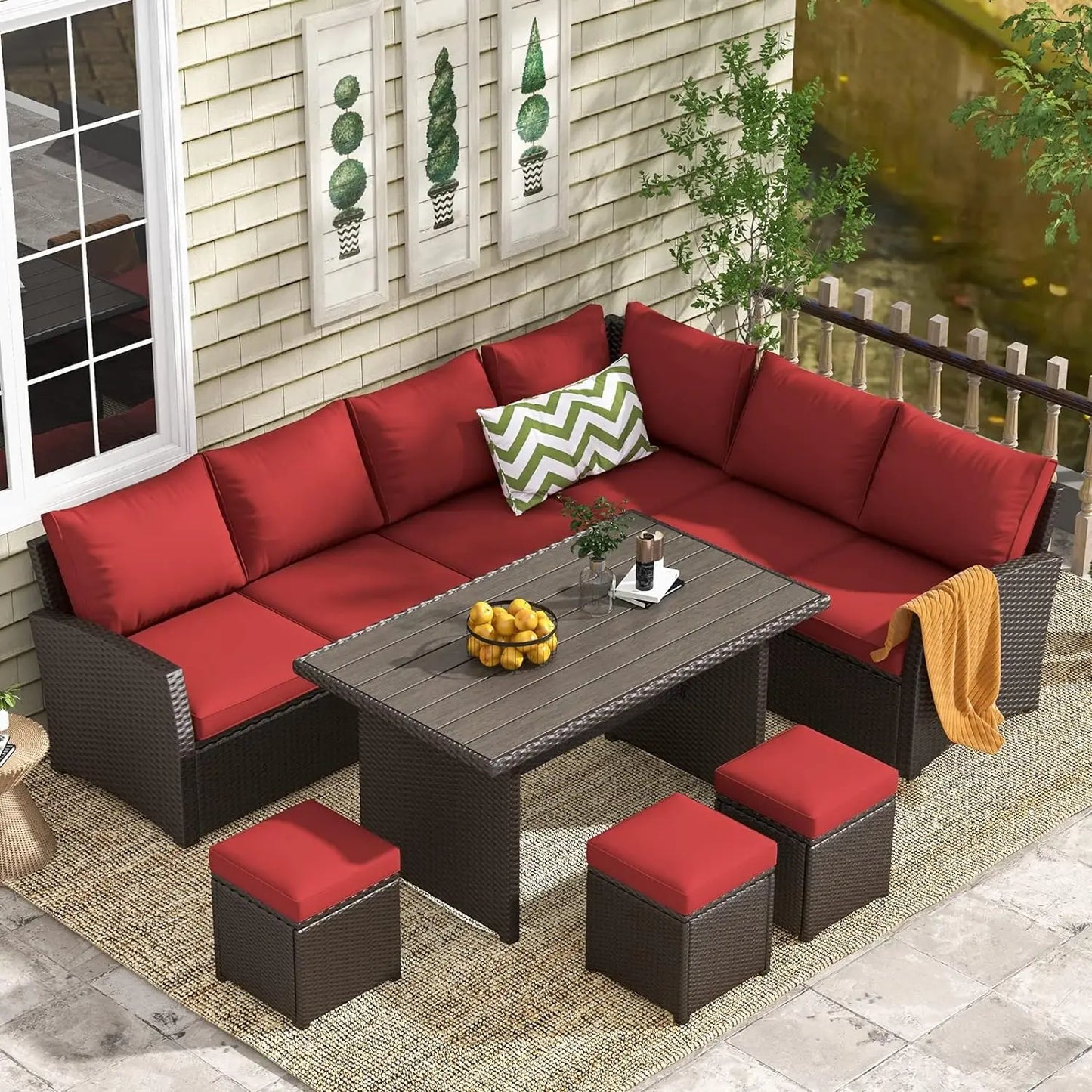 Juego de muebles de patio, 7 piezas de muebles de patio al aire libre con mesa de comedor y silla, juego de conversación de mimbre para todo clima con otomana