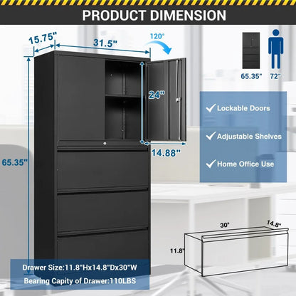 3 Drawers Lateral File Cabinet with Lockable Drawer and Door- Large Steel Filing Cabinet for Home Office Hanging Files Letter