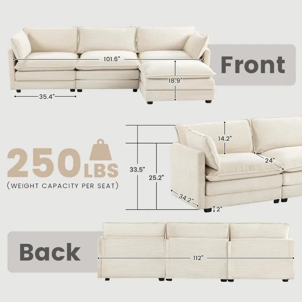 Oversized Modular Sectional Sofa with Movable Ottoman,Modern Corduroy Sofa Set,Convertible L Shaped Couch for Living Room,Office