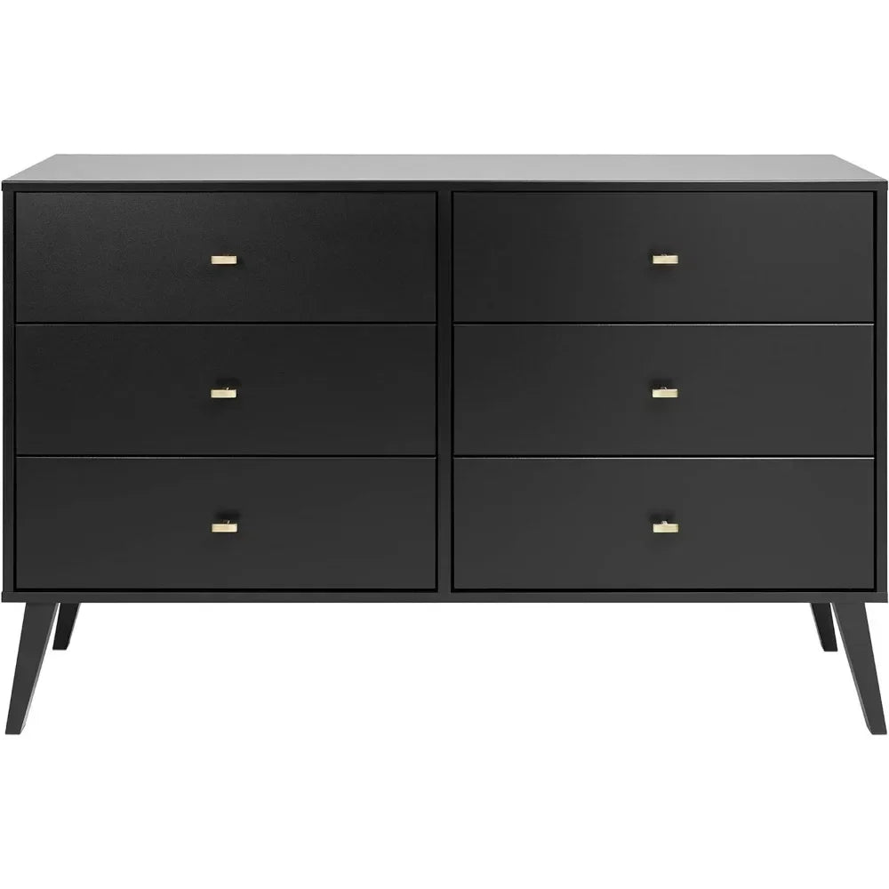 Bedroom Wooden Dresser with 6 Drawers, 16" D X 52.50" W X 33" H, Black