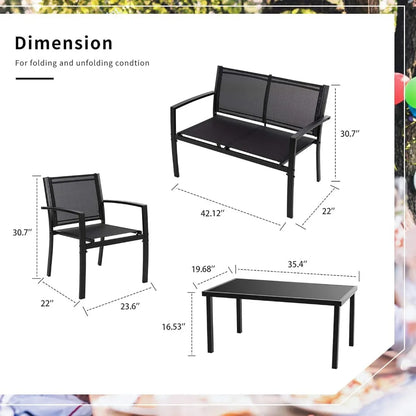 Ensemble de meubles de jardin 4 pièces en tissu textile toutes saisons pour l'extérieur, table basse en verre, 2 chaises simples, ensembles de meubles de jardin noirs