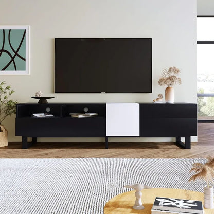 Meuble TV moderne avec 3 armoires et étagères ouvertes, centre de divertissement minimaliste en bois pour téléviseurs jusqu'à 80", console TV robuste