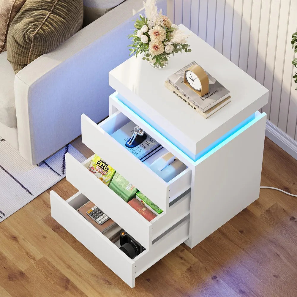 2024 New LED Nightstands Set of 2, Nightstand with Charging Station and Sliding Top,Bedside Table with Power Outlets & Drawers