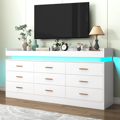 Commode à 9 tiroirs avec lumière LED, commode moderne pour placard, armoire de rangement à tiroirs large pour chambre à coucher, blanc