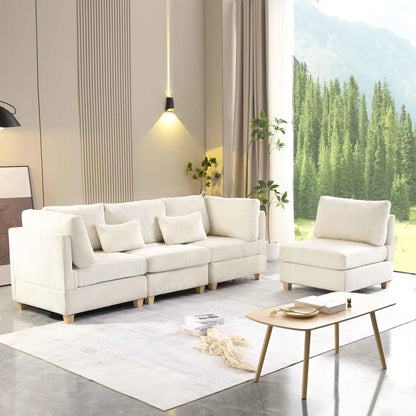 L-Shaped Sofa with Movable Ottoman, Free Combination Corduroy Upholstered Corner sofa with Wooden Legs and Thicked Cushions