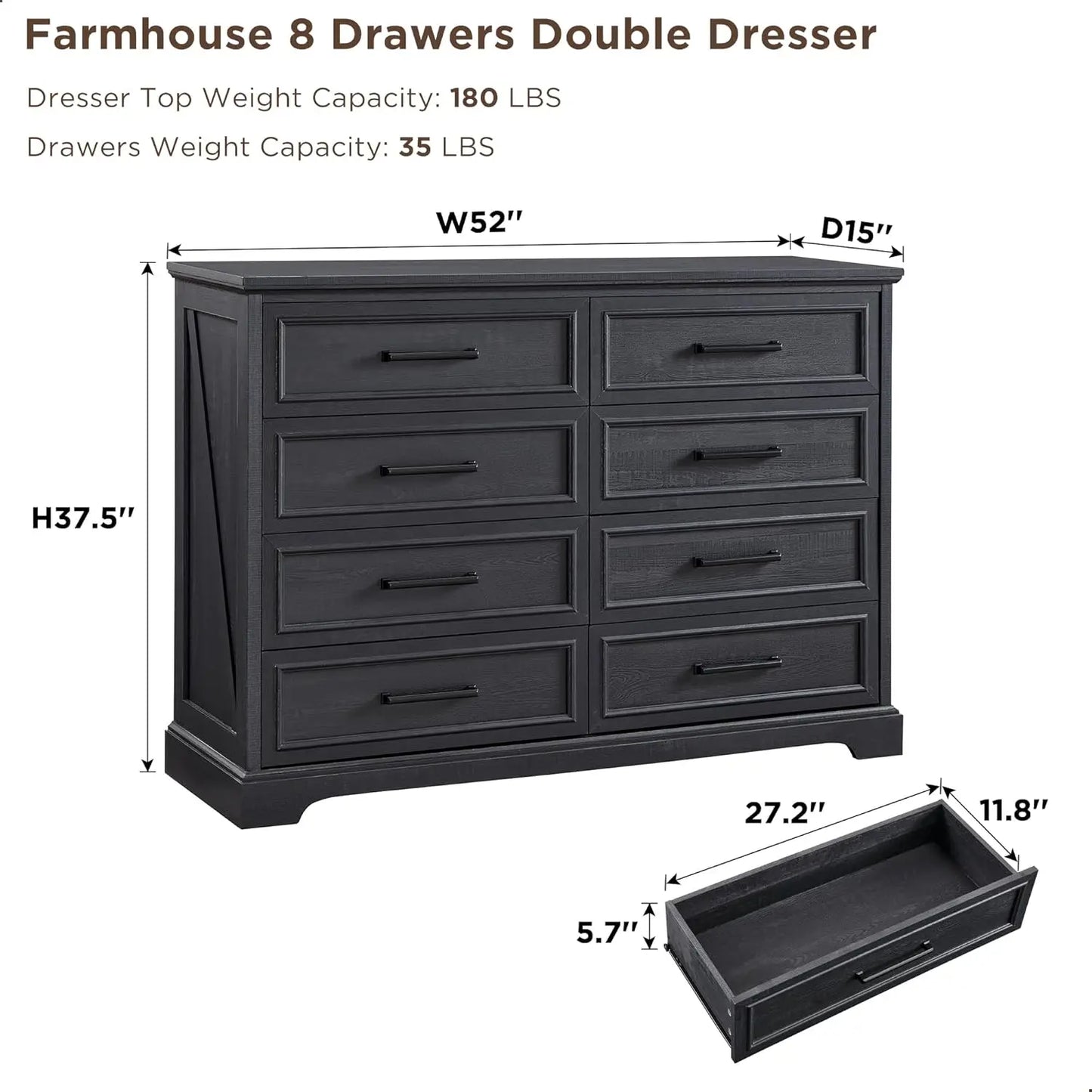 Farmhouse 8 Drawers Dresser Chests for Bedroom,52" Wide Wood Rustic Chest of Drawers with Metal Handle,Natural Texture