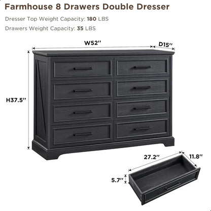 Farmhouse 8 Drawers Dresser Chests for Bedroom,52" Wide Wood Rustic Chest of Drawers with Metal Handle,Natural Texture