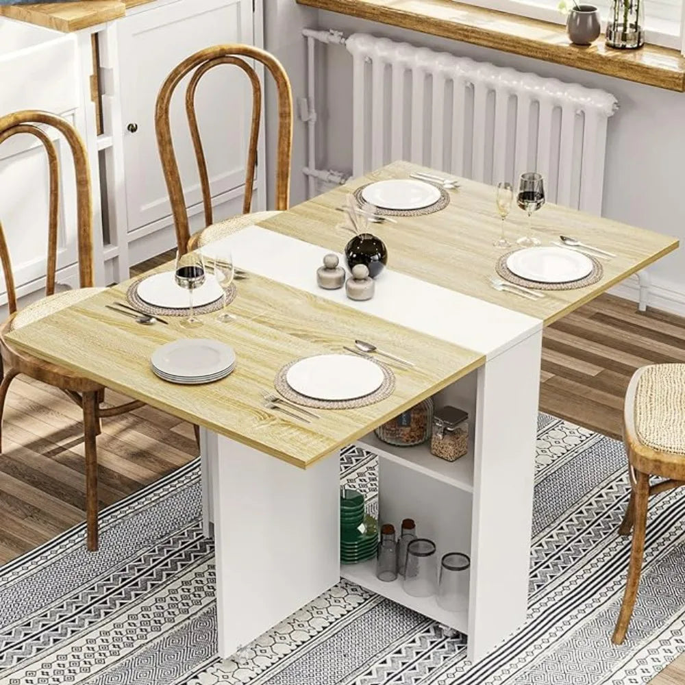 Table à manger pliante avec 6 roulettes, table à manger à abattants avec étagères de rangement, table de cuisine pliante pour petits appartements