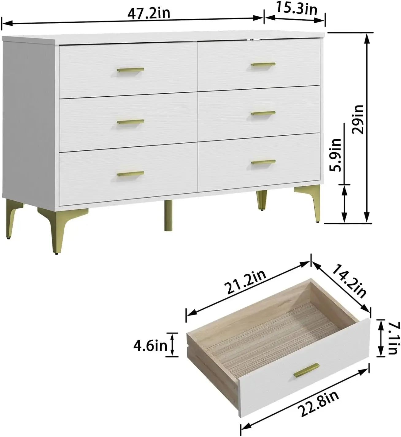 Dresser, Modern 6-drawer Wooden Side Chest of Drawers, Wide Drawers and Storage with Metal Gold Handles,Dressers