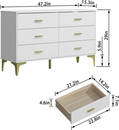 Dresser, Modern 6-drawer Wooden Side Chest of Drawers, Wide Drawers and Storage with Metal Gold Handles,Dressers