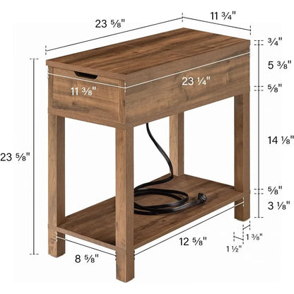 2-Pack Modern Farmhouse Side Table Home Furniture Narrow End Table With Charging Station Rustic Oak Color Coffee Living Room Tea