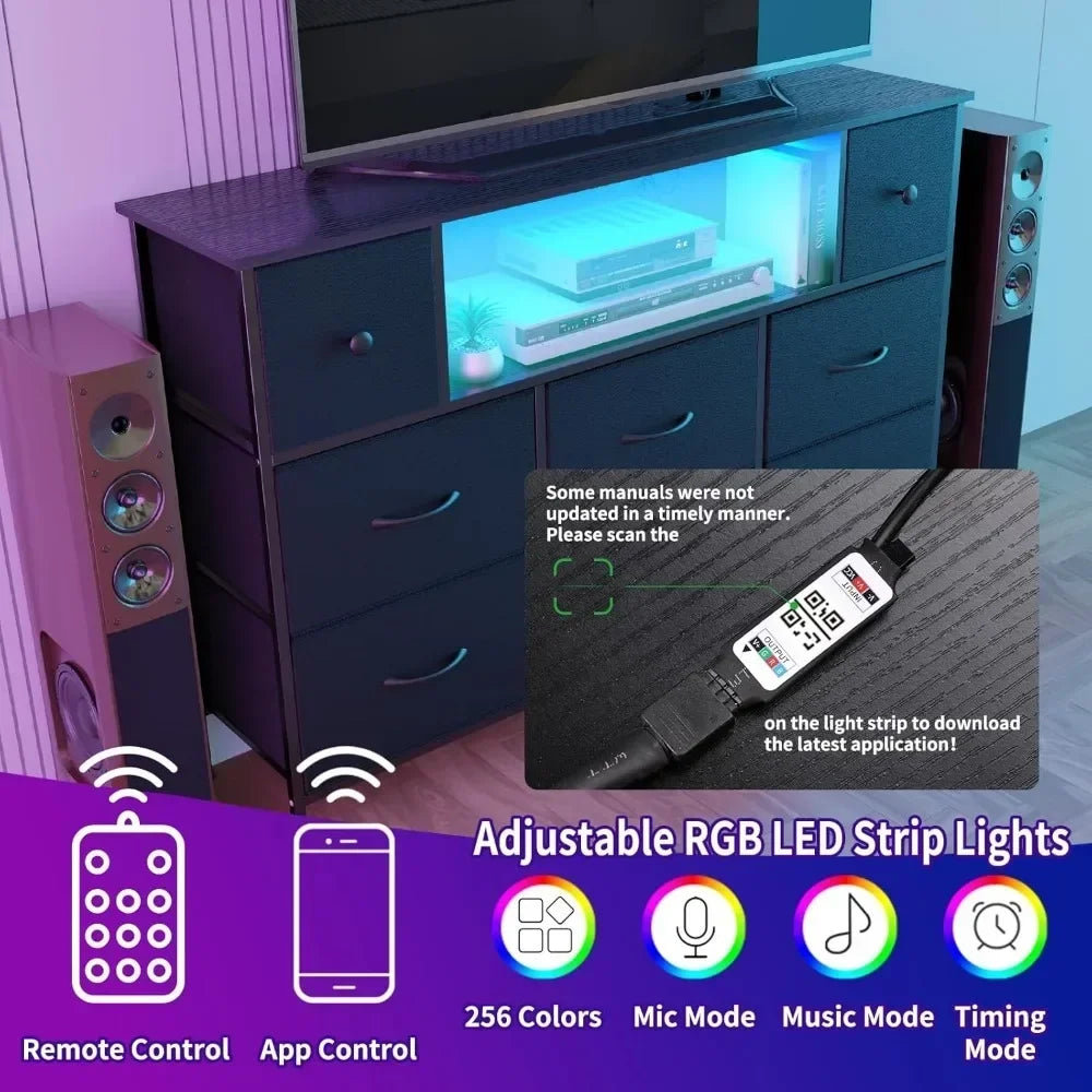 Cómoda para dormitorio con tomas de corriente y luces LED, mueble de TV negro de 55" con 8 cajones, cómoda de tela