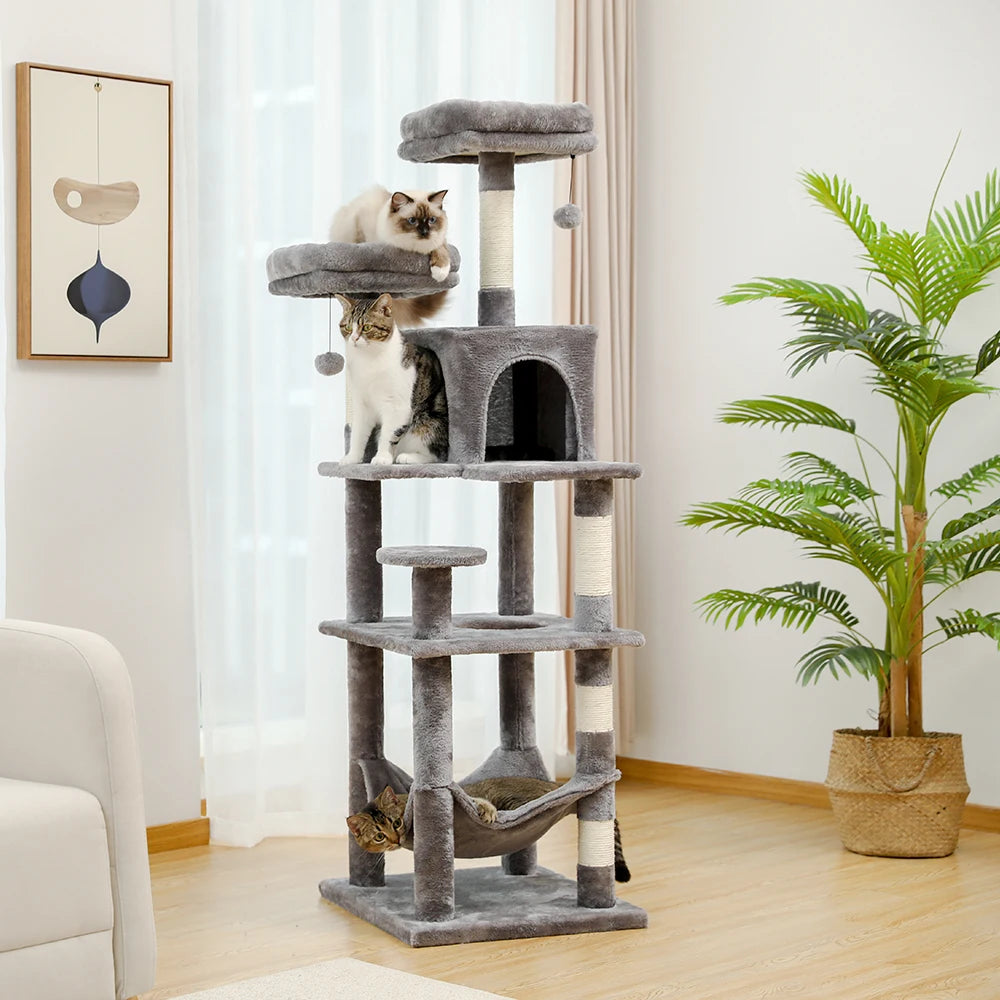 Arbre à chat de luxe pour animaux de compagnie, meuble de condo, tour à chat multicouche avec échelle, poteau à gratter en sisal naturel, jouet d'escalade et de saut