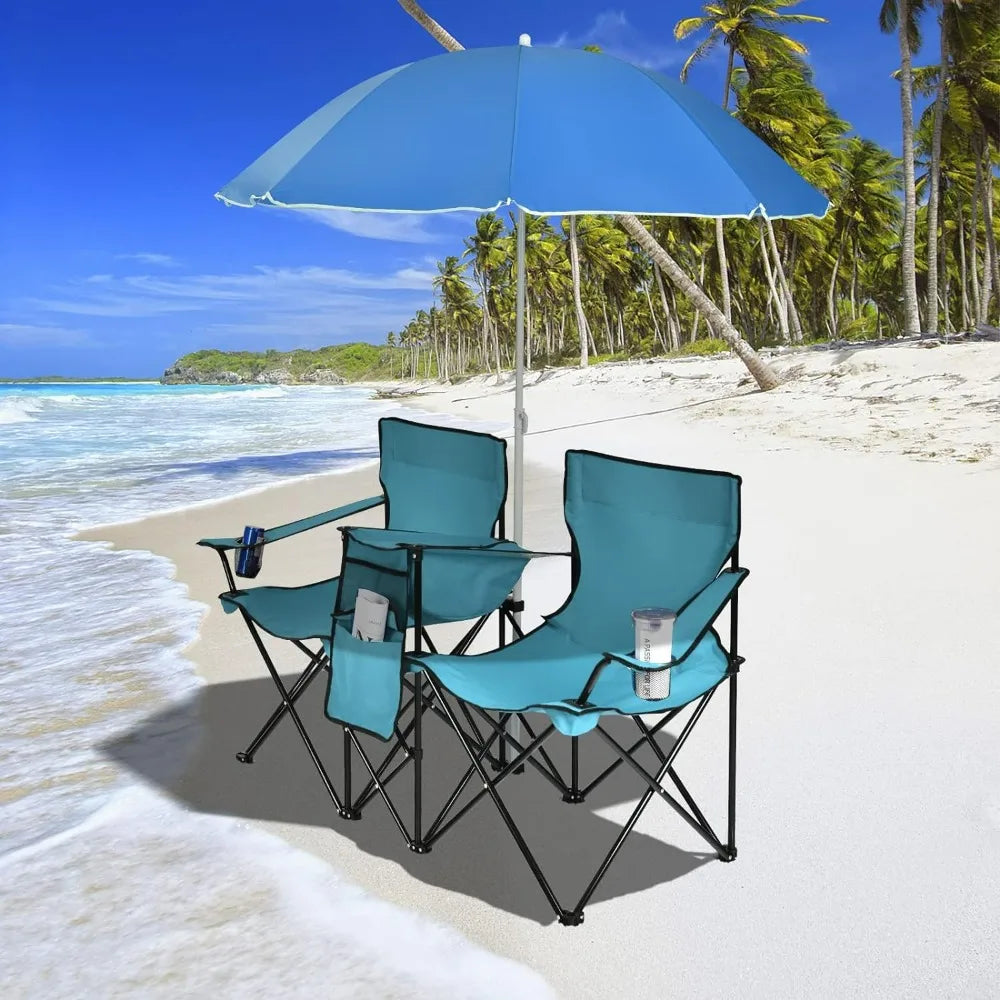 Double Folding Beach Chairs with Umbrella, Outdoor Picnic Portable Loveseat Chairs,Beach Chair