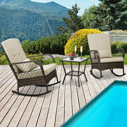 Ensemble de conversation de patio 3 pièces avec 2 chaises à bascule en rotin et table en verre, pour jardin, arrière-cour, porche (beige)