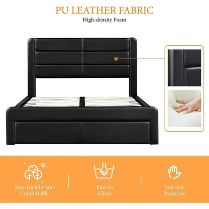 No Box Spring Needed Platform Bed Bases & Frames Leather Upholstered Headboard 3 Storage Drawers Bed Foundation Frame Black Home