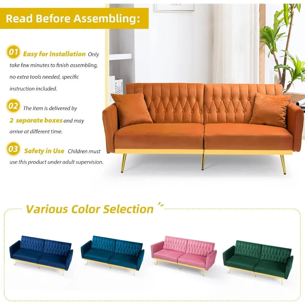 70in Velvet Futon Sofa Bed W/Adjustable Backrests and Armrests, Convertible Futon Couch with Two Pillows, Tufted Sleeper Bed