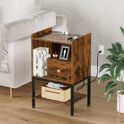 Nightstand with Charging Station,Storage Drawer,Modern 3-Tier End Side Table,Small Wood Bedside Table for Bedroom,Living Room