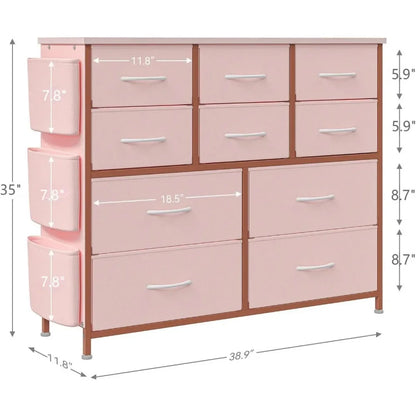 Dresser for Bedroom with 10 Drawers, Dressers & Chest , Long Fabric Storage Drawer with Wood Tabletop for Closet,Entryway (Pink)