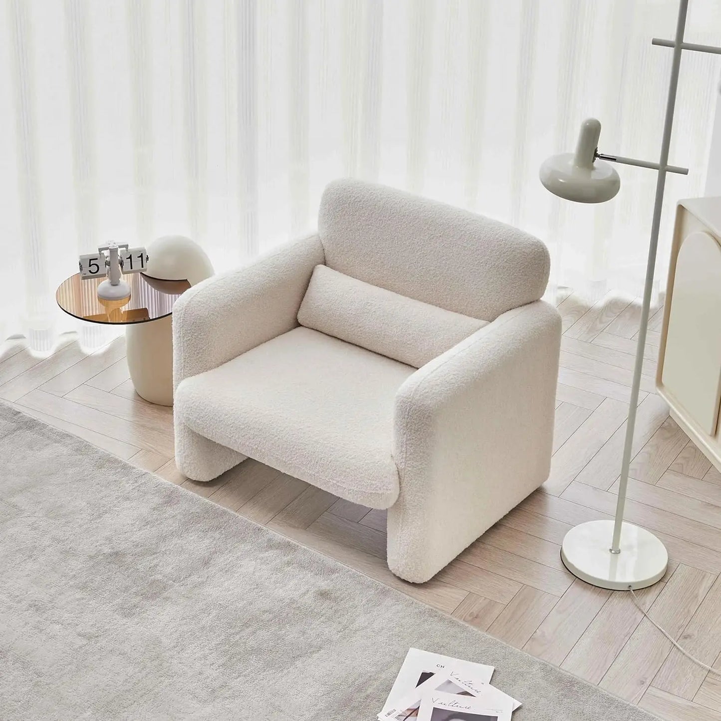 YOOBECH Fauteuil d'appoint moderne avec accoudoirs, fauteuil de lecture confortable rembourré en tissu d'agneau pour chambre à coucher, salon-Beig