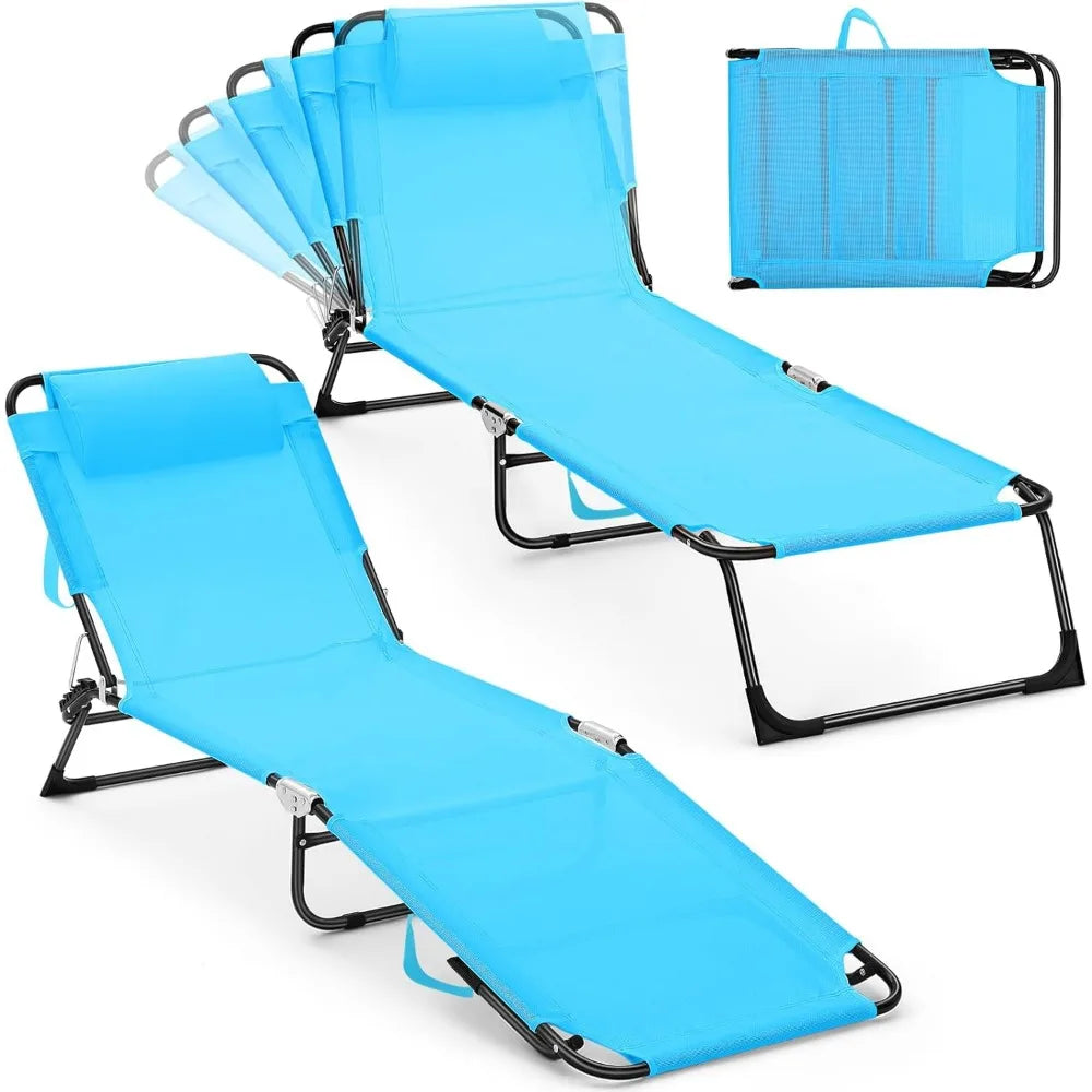 Outdoor Sunbathing Chair, 2 Pack Foldable Beach Chair with Pillow 5 Position Recline, Blue Back Breathable Mesh Pool Chair